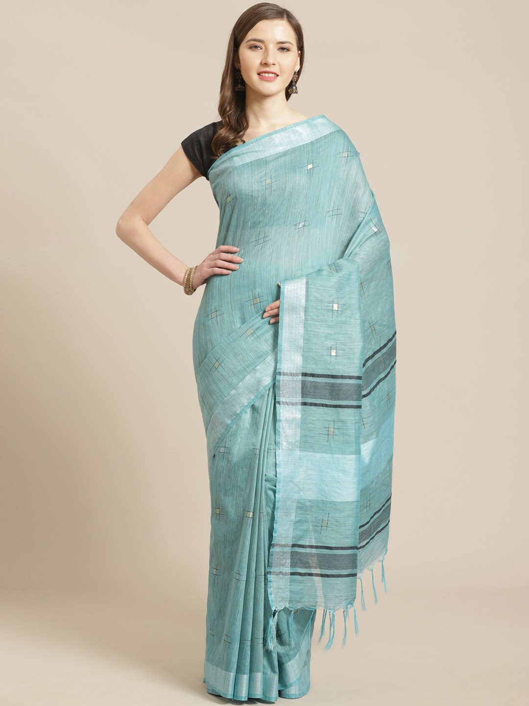 

swatika Blue & White Woven Design Handloom Bhagalpuri Saree