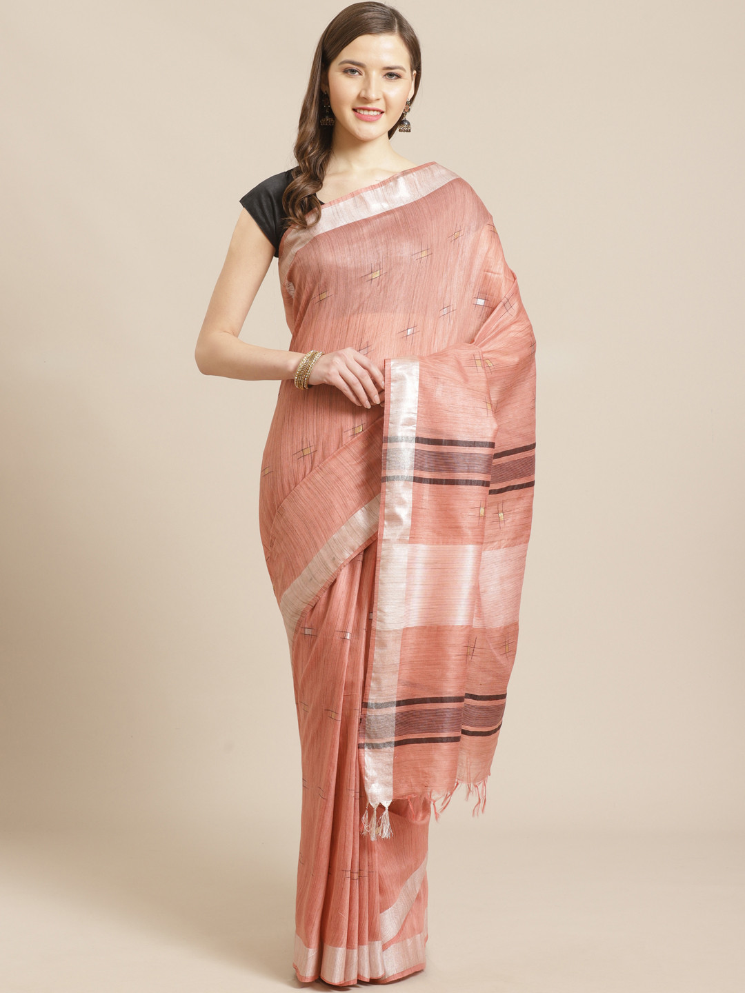 

swatika Peach-Coloured & White Woven Design Handloom Bhagalpuri Saree
