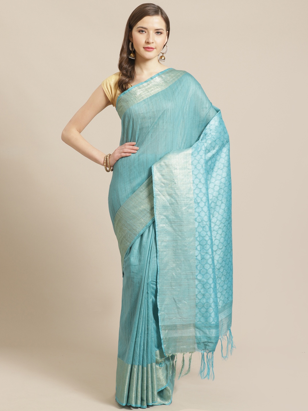 

swatika Blue Solid Handloom Bhagalpuri Saree With Zari Detail