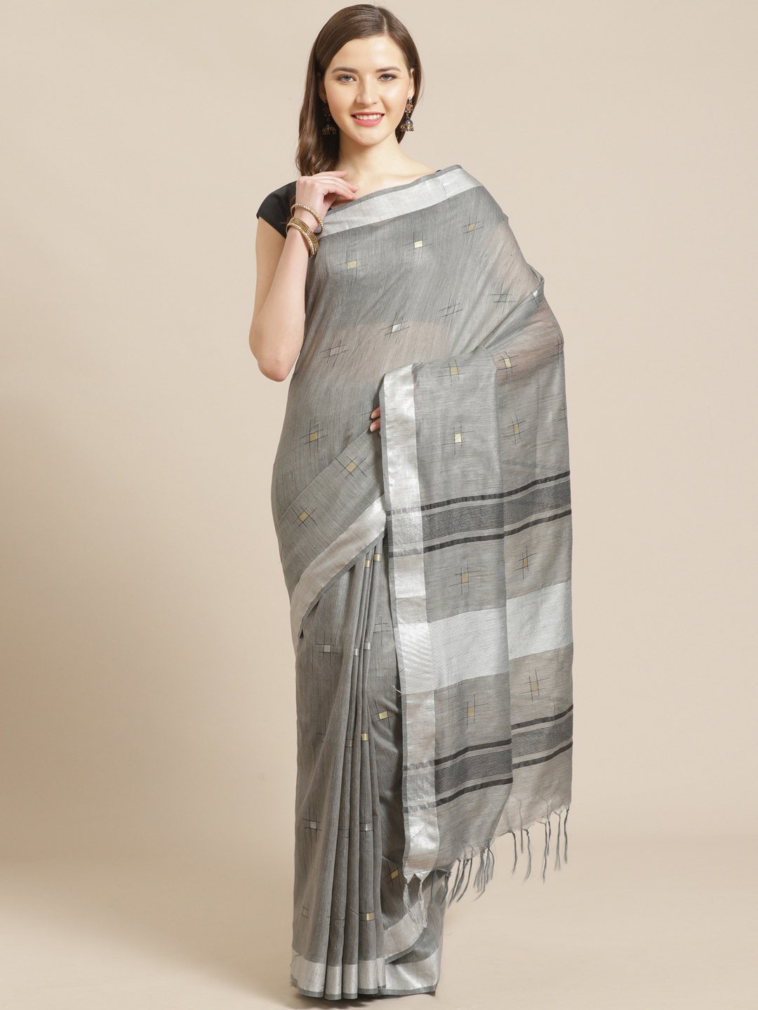

swatika Grey & White Zari Woven Design Handloom Bhagalpuri Saree