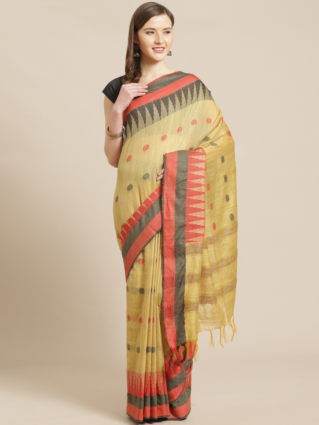 

swatika Yellow & Red Woven Design Handloom Bhagalpuri Saree