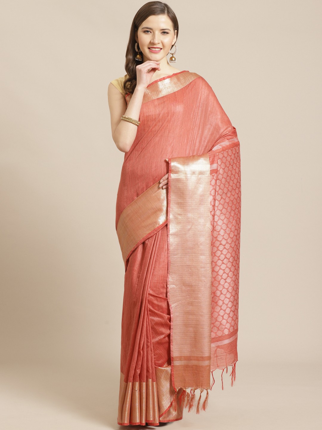 

swatika Rust Red & Golden Solid Handloom Bhagalpuri Saree