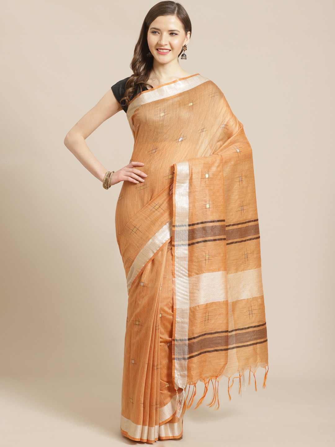 

swatika Peach-Coloured & White Zari Woven Design Handloom Bhagalpuri Saree
