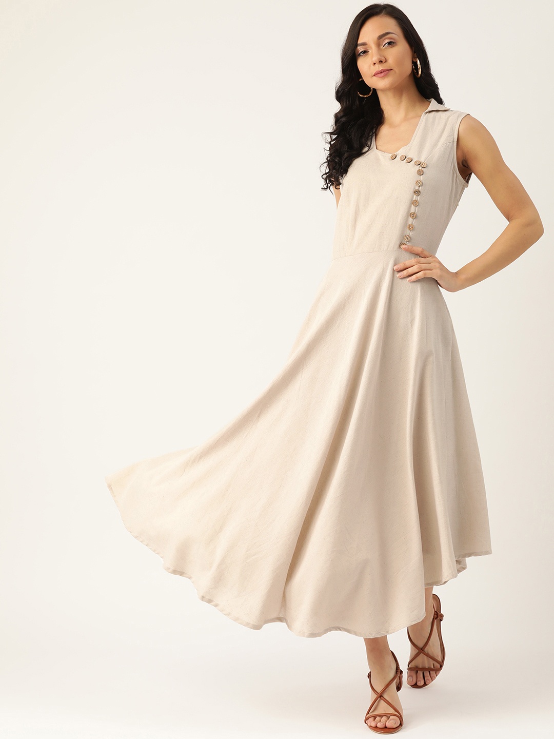 

DODO & MOA Women Beige Solid Pure Cotton Maxi Dress