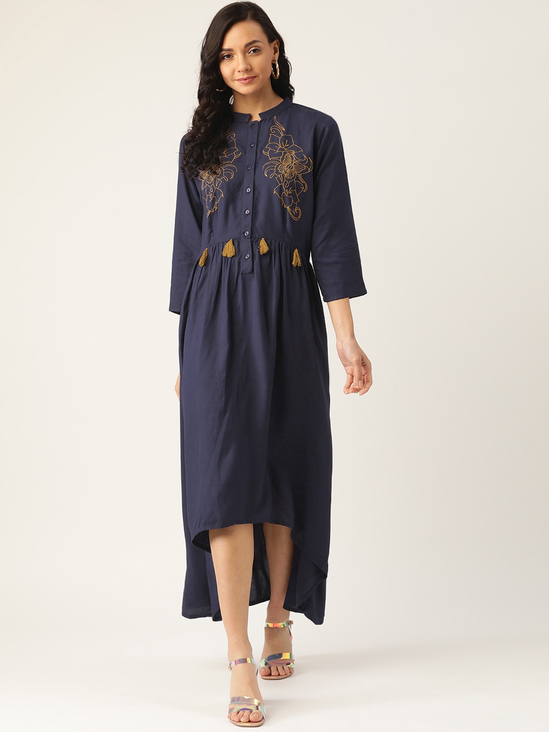 

DODO & MOA Women Navy Blue & Mustard Yellow Solid A-Line Dress with Embroidered Detail