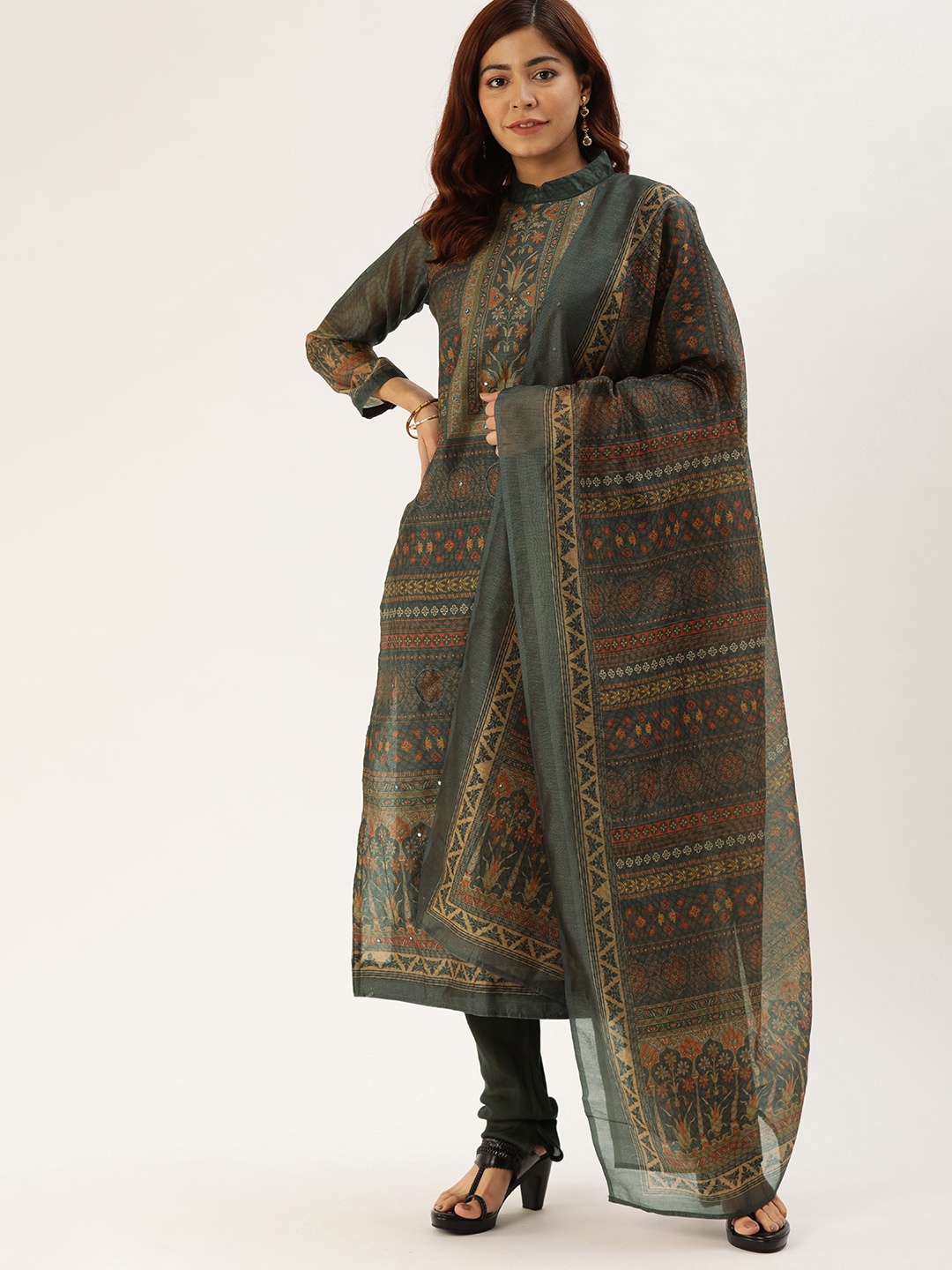

Shaily Olive Green & Red Silk Blend Unstitched Dress Material