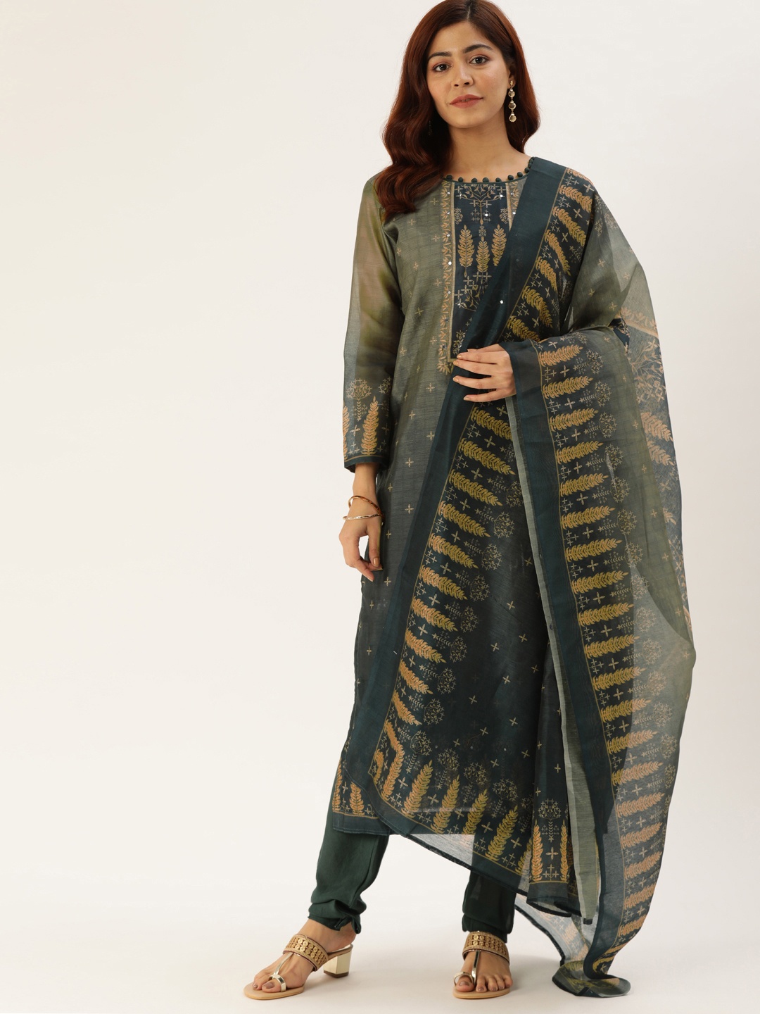 

Shaily Green & Beige Silk Blend Unstitched Dress Material