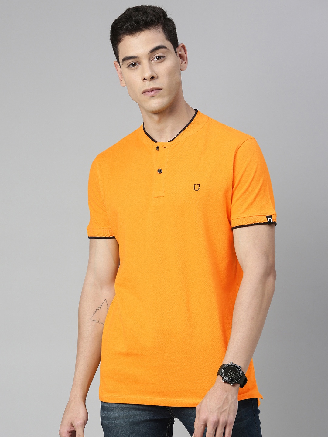 

Urbano Fashion Men Mustard Solid Pure Cotton Henley Neck Pure Cotton T-shirt