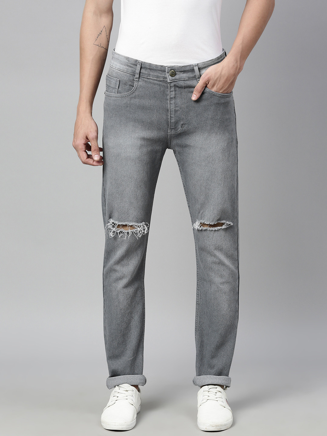 

Urbano Fashion Men Grey Slim Fit Mid-Rise Slash Knee Stretchable Jeans