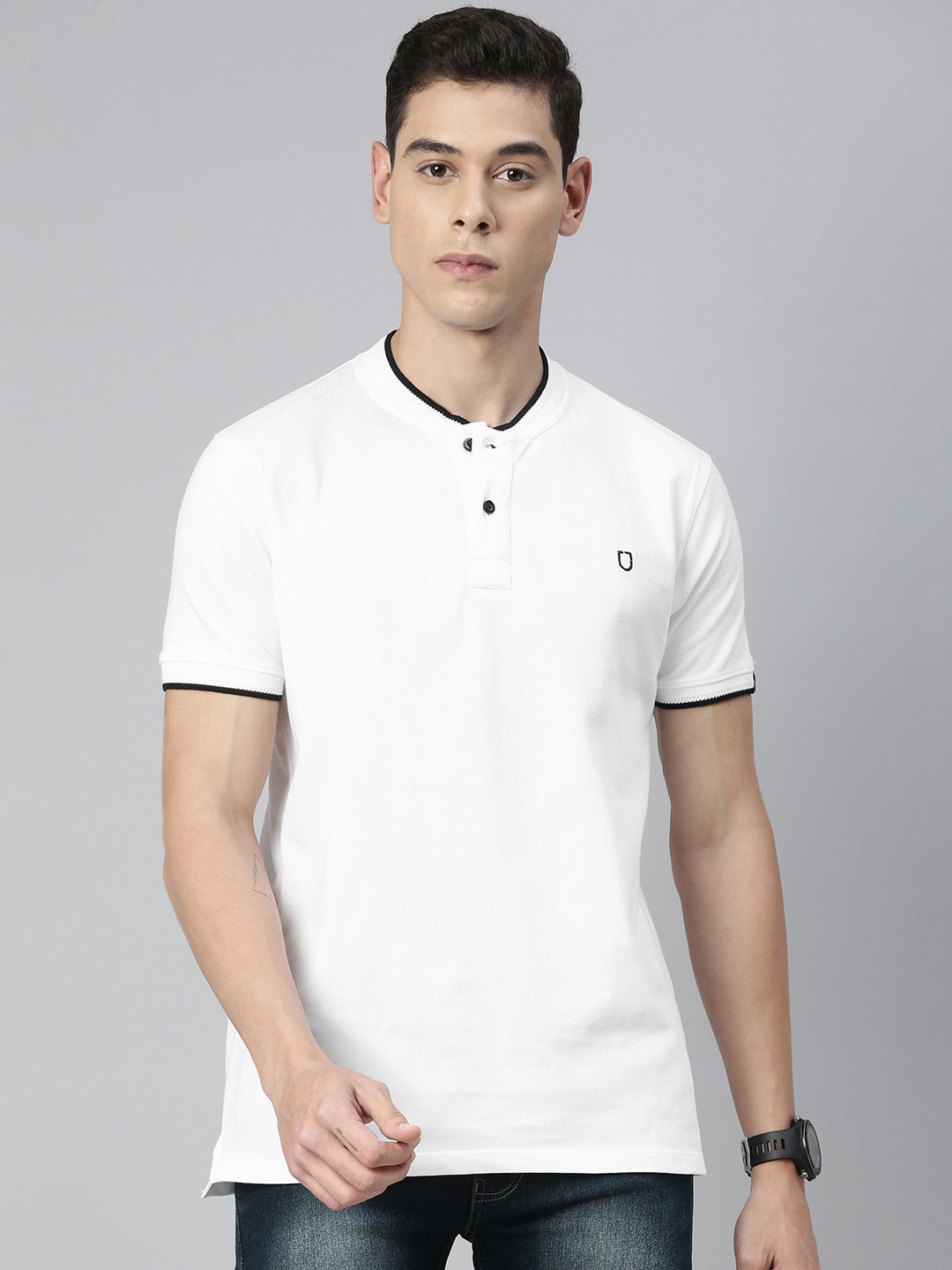 

Urbano Fashion Men White Solid Pure Cotton Henley Neck Pure Cotton T-shirt