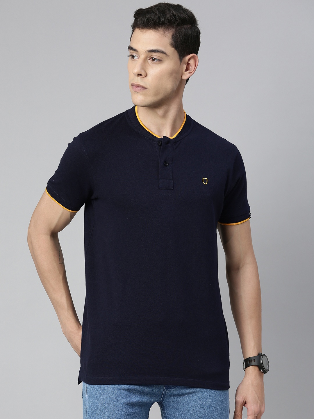 

Urbano Fashion Men Navy Blue Solid Henley Neck Pure Cotton T-shirt