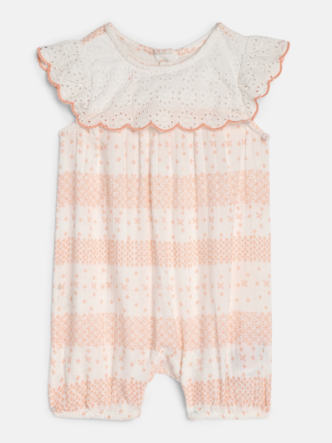 

mothercare Girl's White & Peach Half Sleeves Schiffli Romper