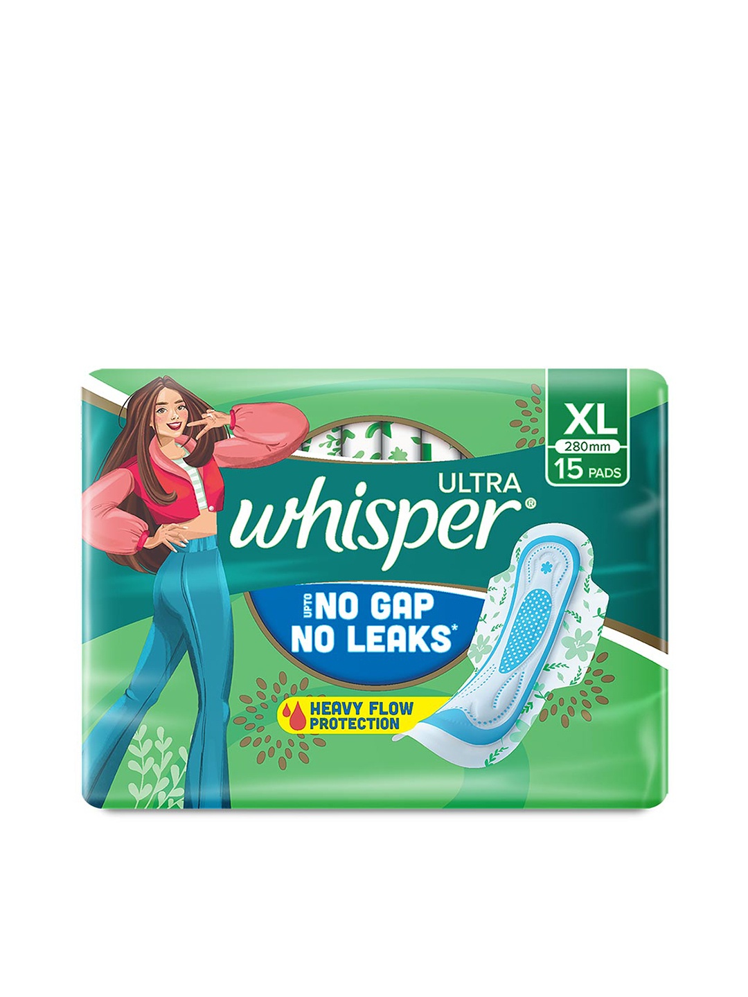 

Whisper Ultra Upto No Gap No Leaks Sanitary Pads for Heavy Flow Protection - 15 XL Pads, Green
