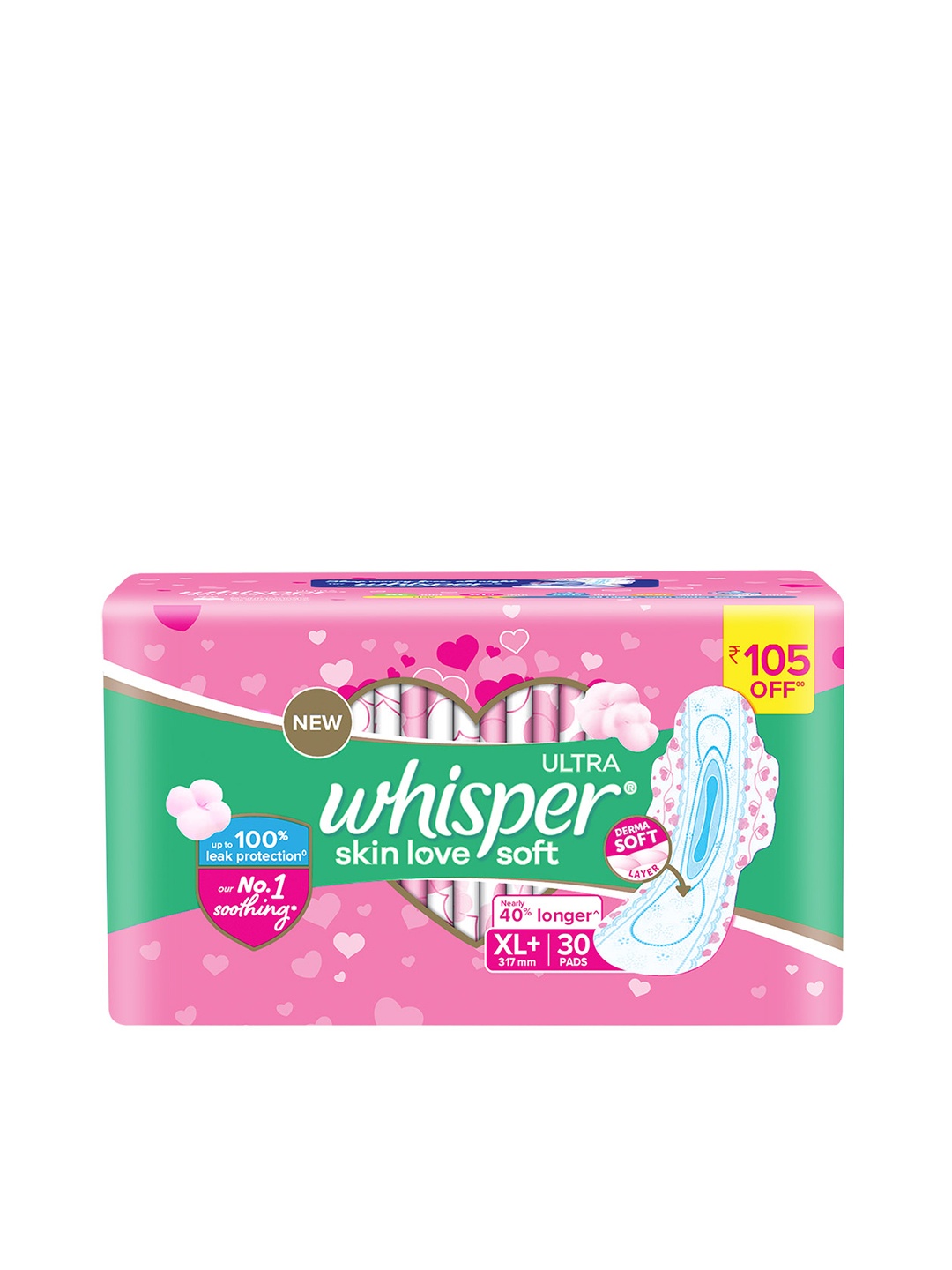 

Whisper Ultra Skinlove Soft Thin Irritation Free XL+ Sanitary Pads - 30 Pads, Green