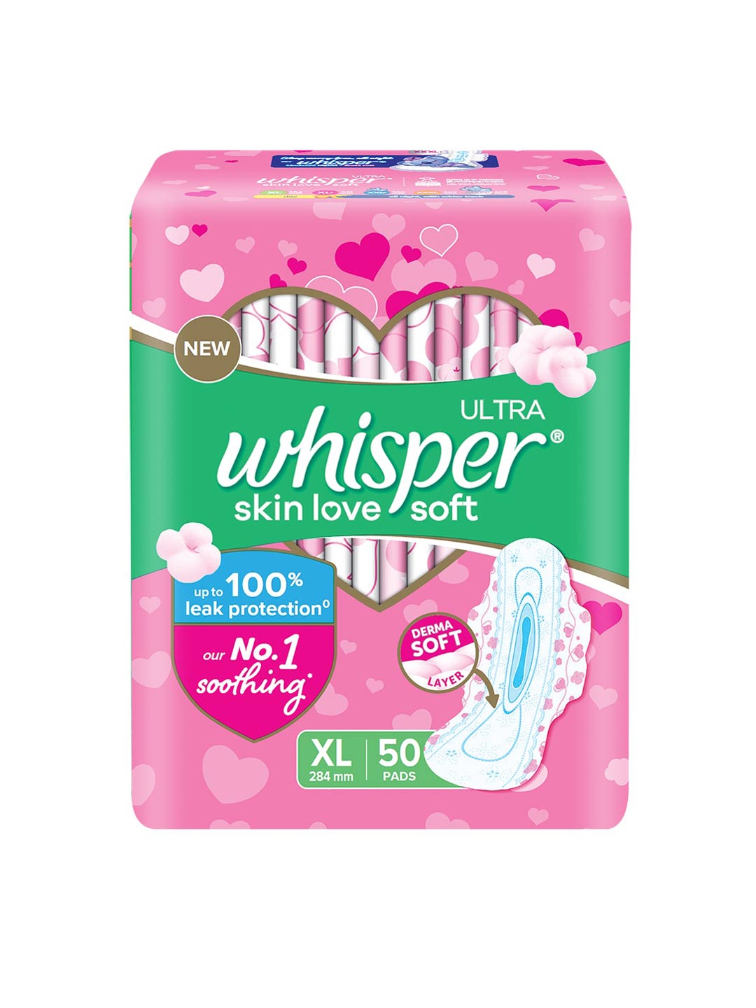 

Whisper Ultra Skinlove Soft Thin Irritation Free XL Sanitary Pads - 50 Pads, Green