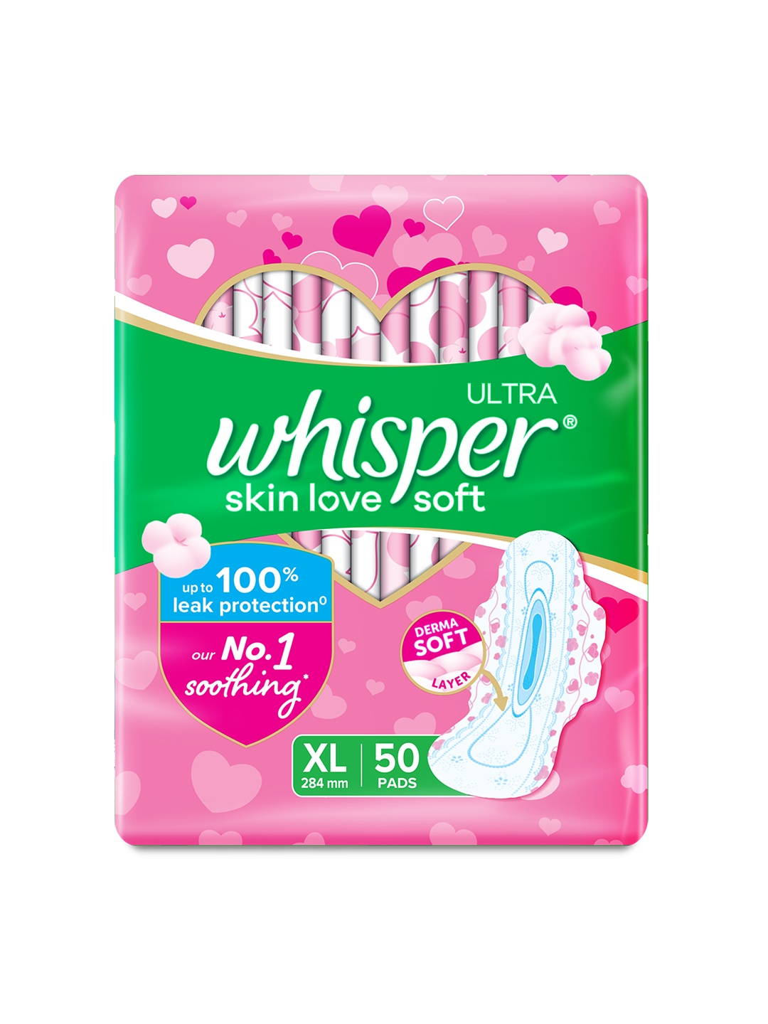 

Whisper Ultra Skinlove Soft Thin Irritation Free XL Sanitary Pads - 50 Pads, Green