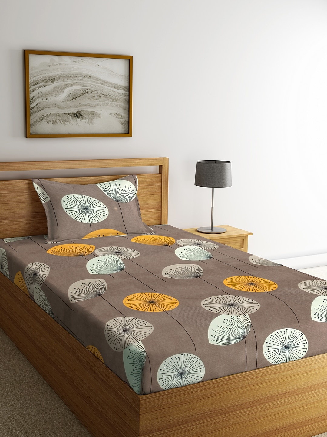 

KLOTTHE Unisex Brown Floral Printed 210 TC Single Bedsheet With 1 Pillow Cover