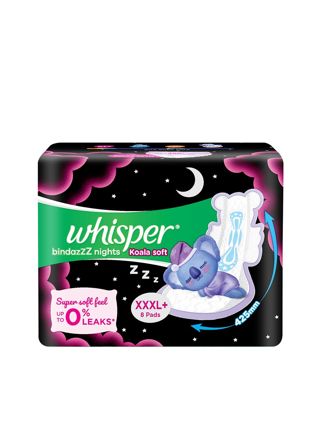 

Whisper Bindazzz Nights Koala Soft XXL+ Sanitary Pads - 8 Pads, Black