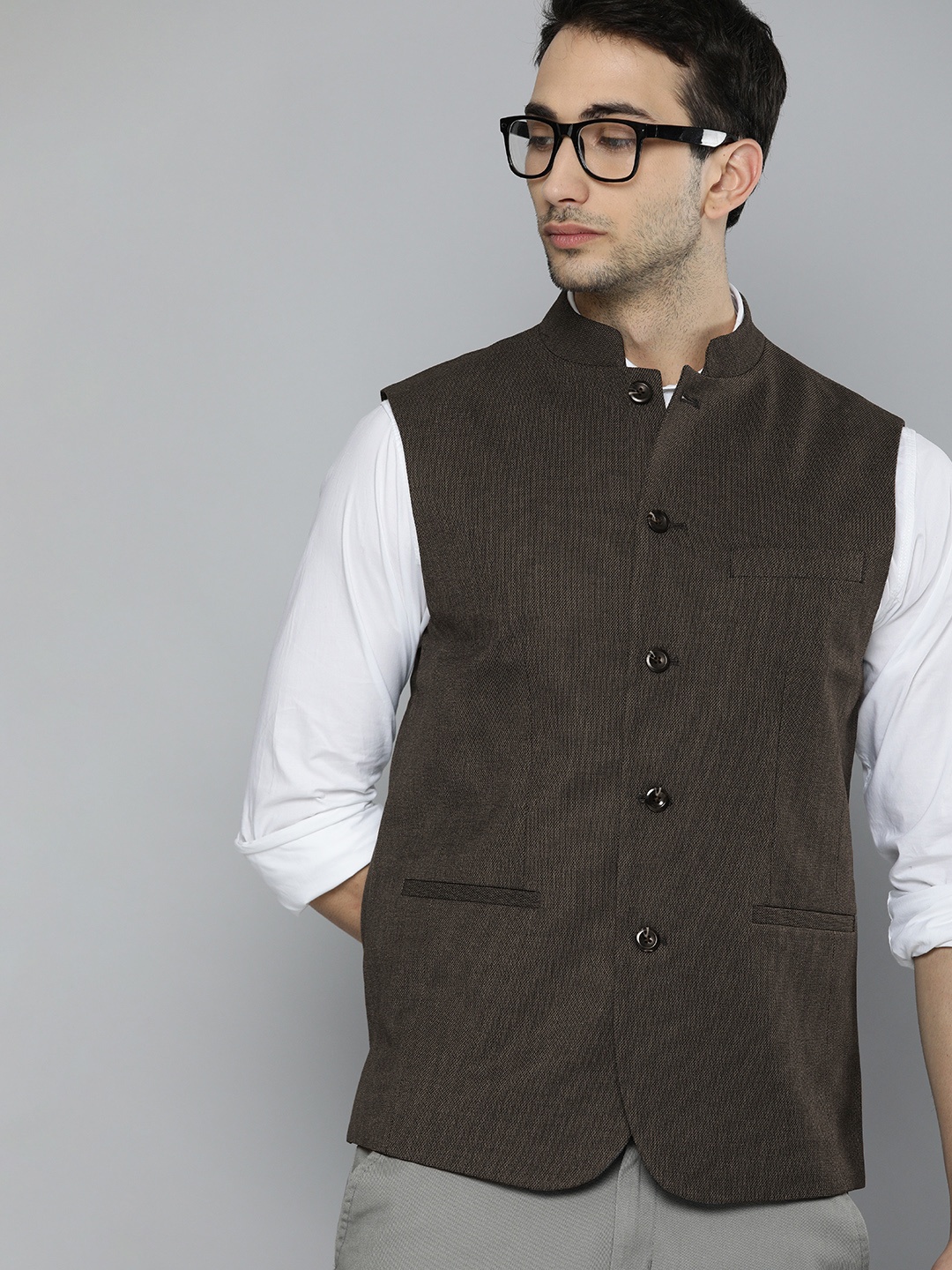 

Indian Terrain Men Coffee Brown Solid Nehru Jacket