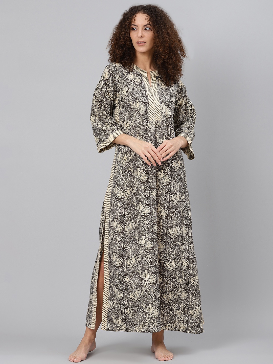 

Biba Grey & Beige Printed Pure Cotton Maxi Nightdress