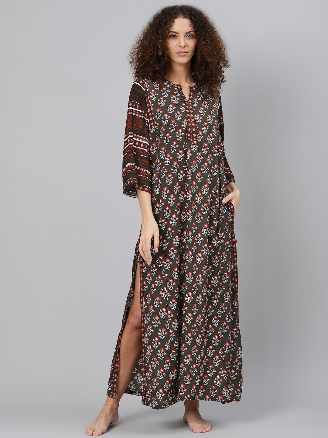 

Biba Brown & Orange Printed Pure Cotton Maxi Nightdress