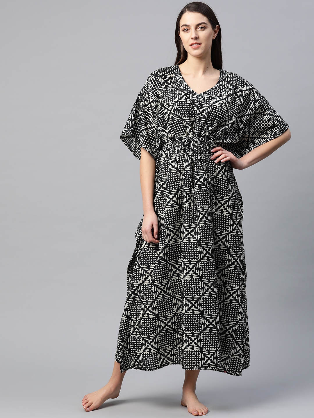 

Biba Black & Off-White Abstract Print Pure Cotton Kaftan Maxi Nightdress