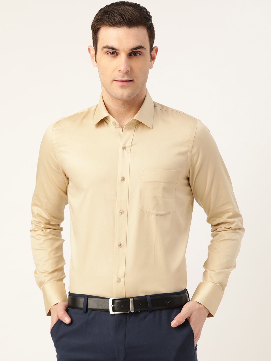 

PORTBLAIR Men Beige Cotton Classic Regular Fit Solid Formal Shirt