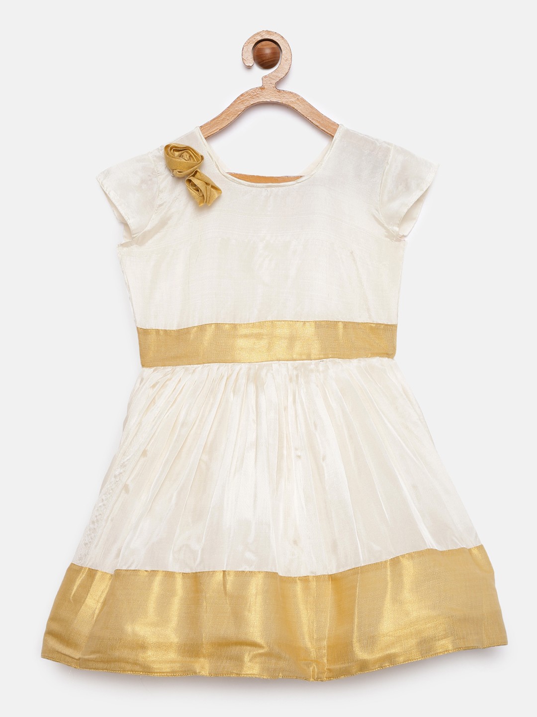 

Kanakadara Girls Off-White & Gold Solid Pattu Pavadai Fit and Flare Dress