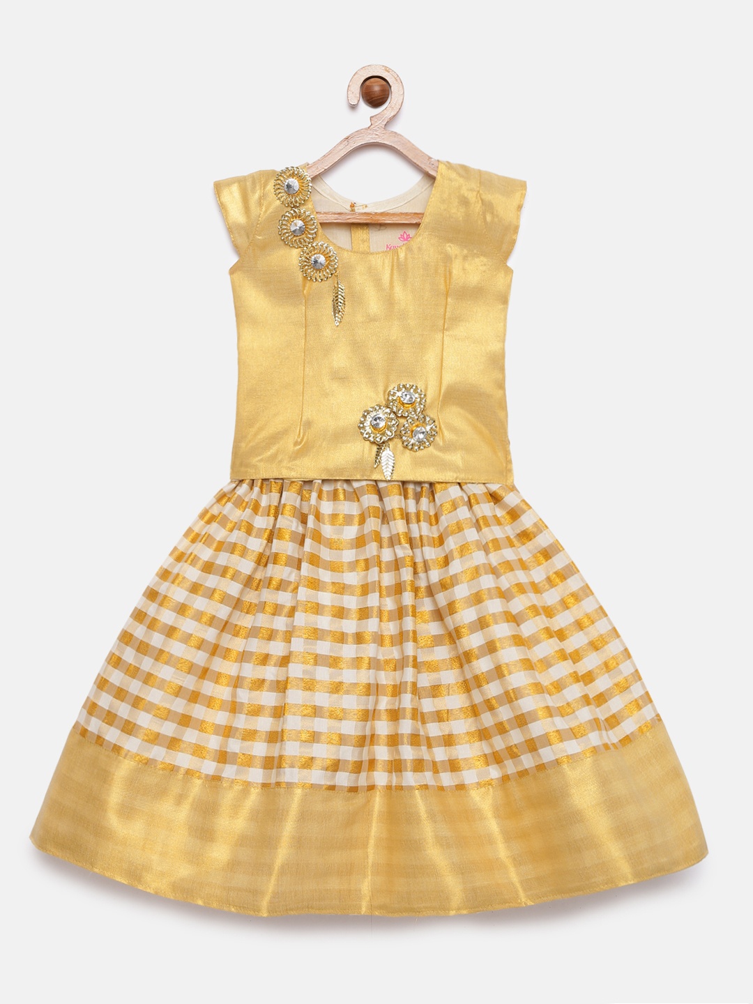 

Kanakadara Girls Gold-Toned Embellished Pattu Pavadai Lehenga Choli
