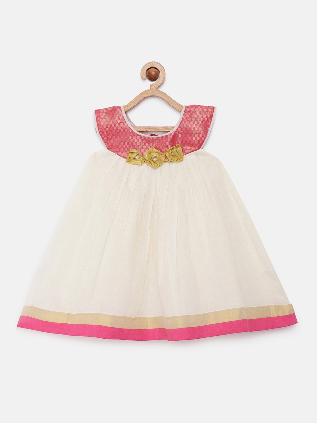 

Kanakadara Girls Off-White & Pink Embellished Kerala Pure Cotton Pattu Pavadai Empire Dress