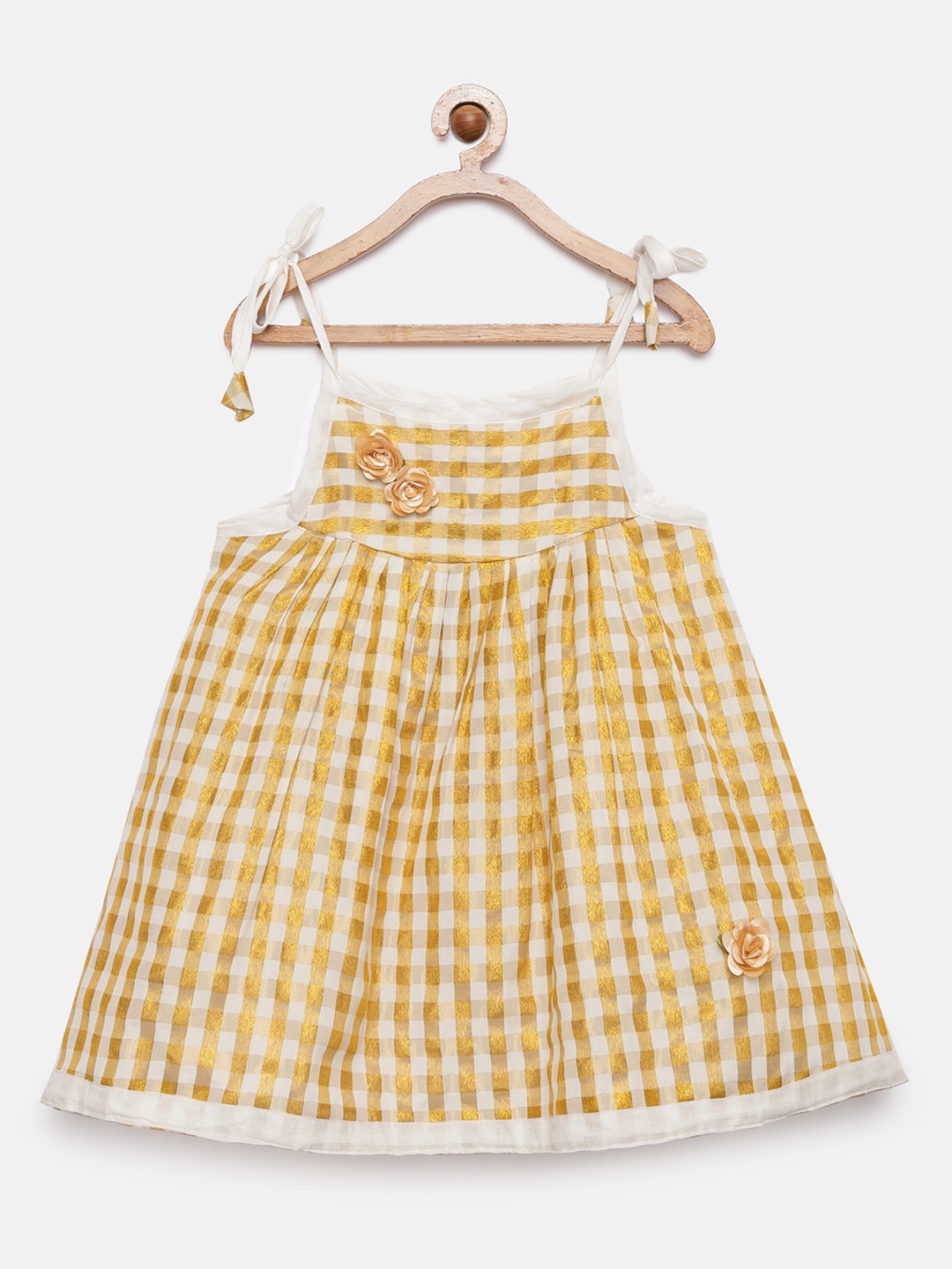 

Kanakadara Girls Gold-Toned & White Checked Pattu Pavadai Fit and Flare Dress