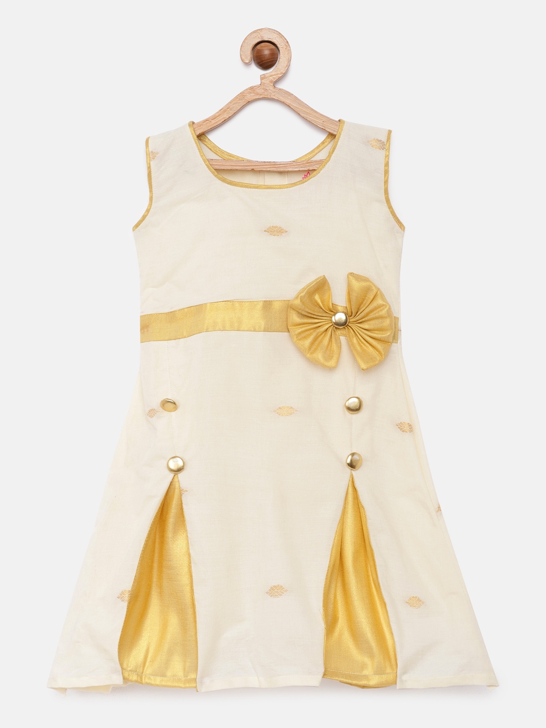 

Kanakadara Girls Off-White & Gold-Toned Embellished Kerala Pure Cotton Pattu Pavadai A-Line Dress