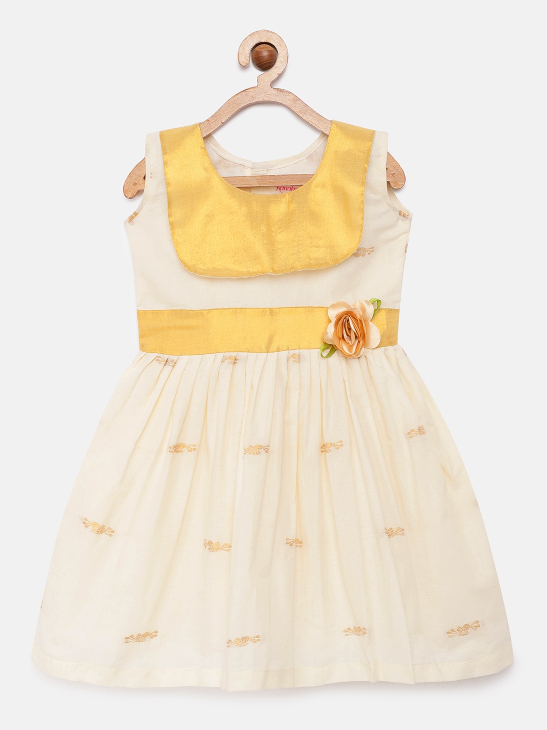 

Kanakadara Girls Off-White & Gold-Toned Embellished Kerala Pure Cotton Pattu Pavadai Fit and Flare Dress