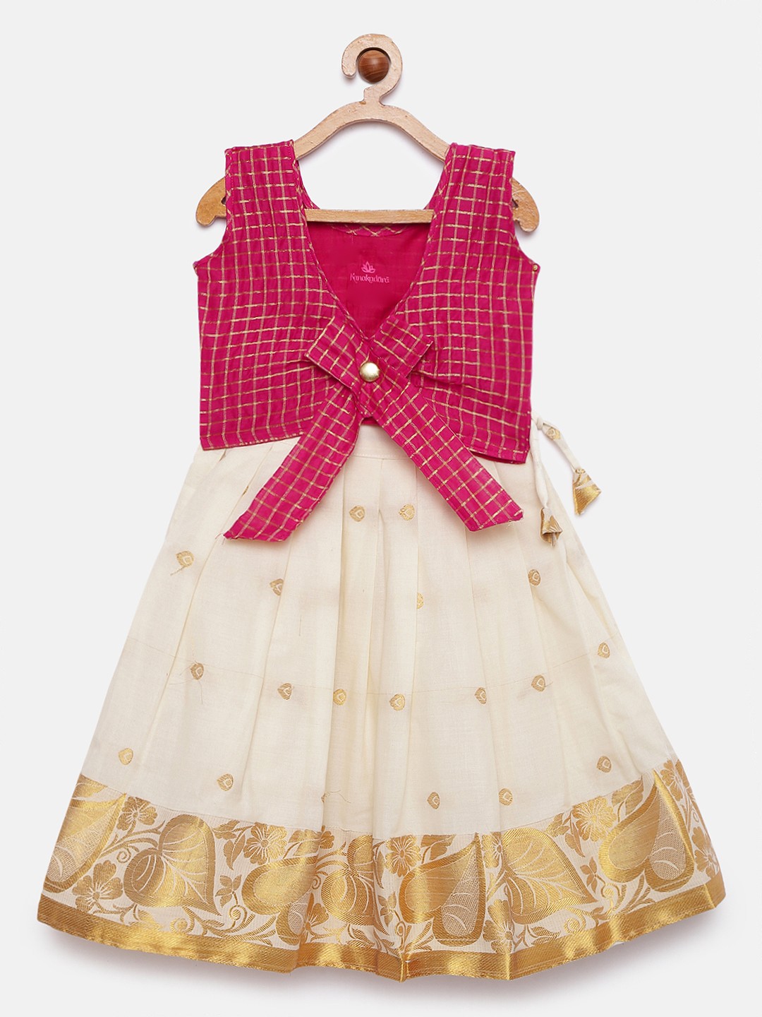 

Kanakadara Girls Off-White & Pink Pattu Pavadai Checked Lehenga Choli