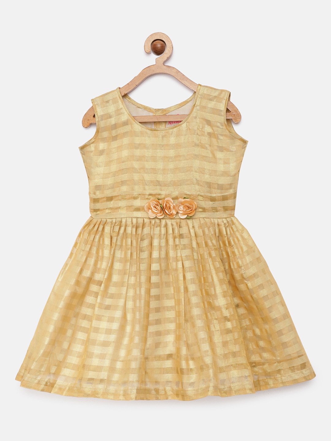 

Kanakadara Girls Gold-Toned Self-Checked Kerala Pure Cotton Pattu Pavadai Fit and Flare Dress