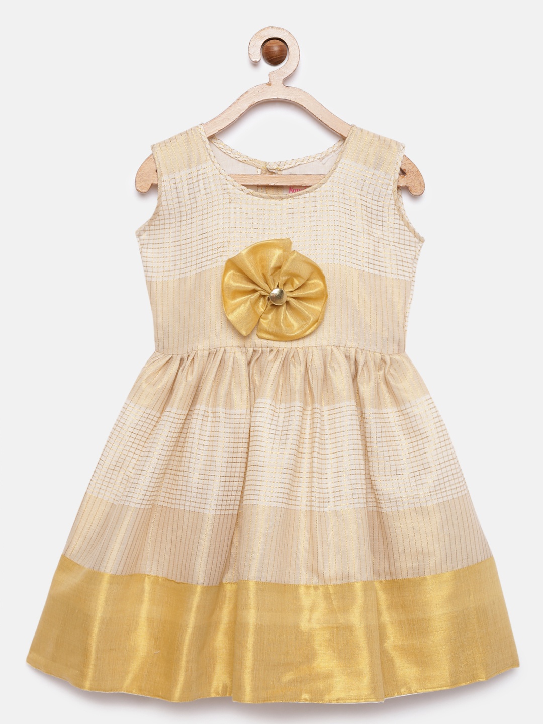 

Kanakadara Girls Off-White & Gold-Toned Checked Pattu Pavadai Fit and Flare Dress