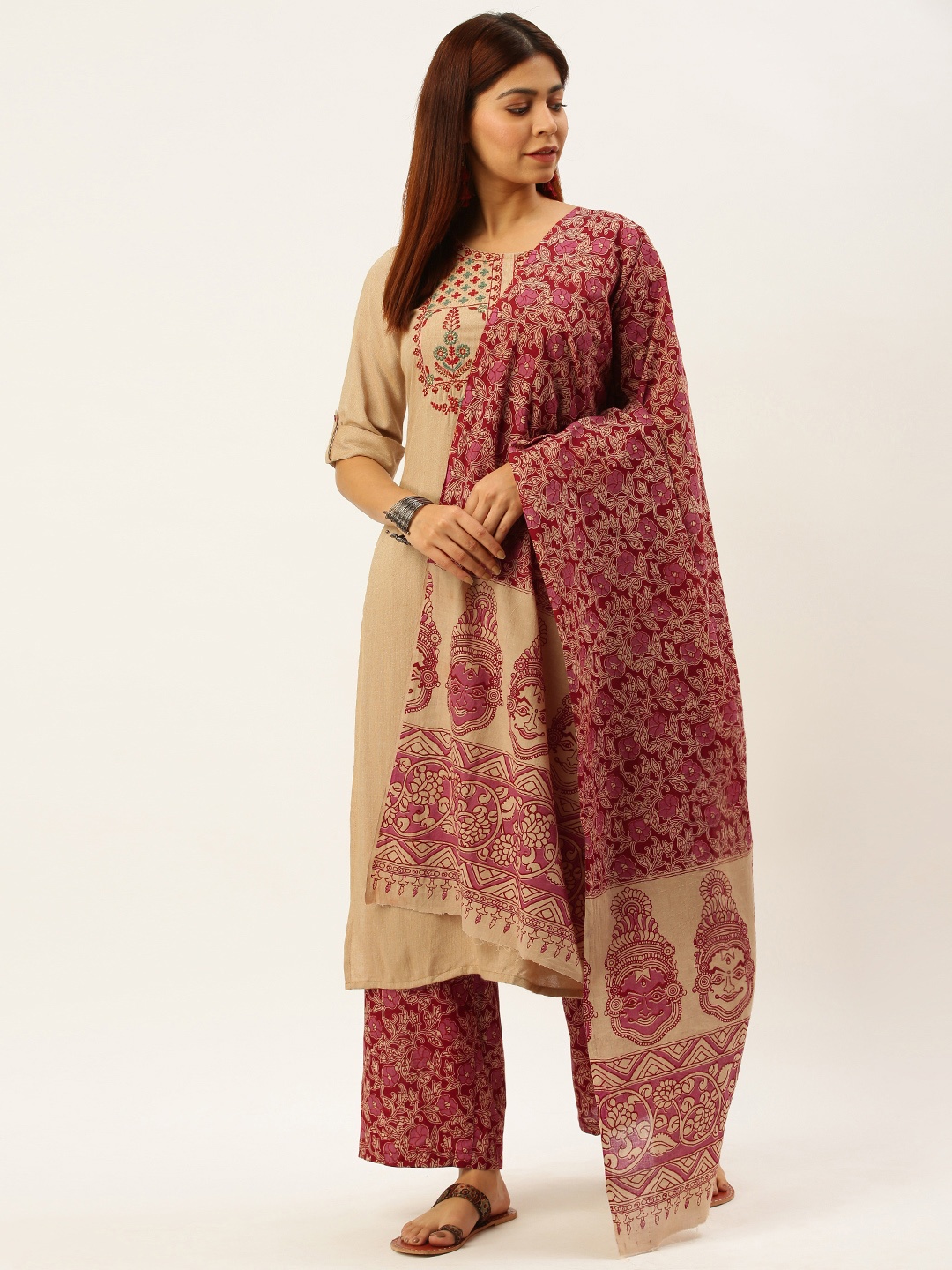 

FLAVIDO Women Beige & Maroon Yoke Design Kurta with Palazzos & Dupatta