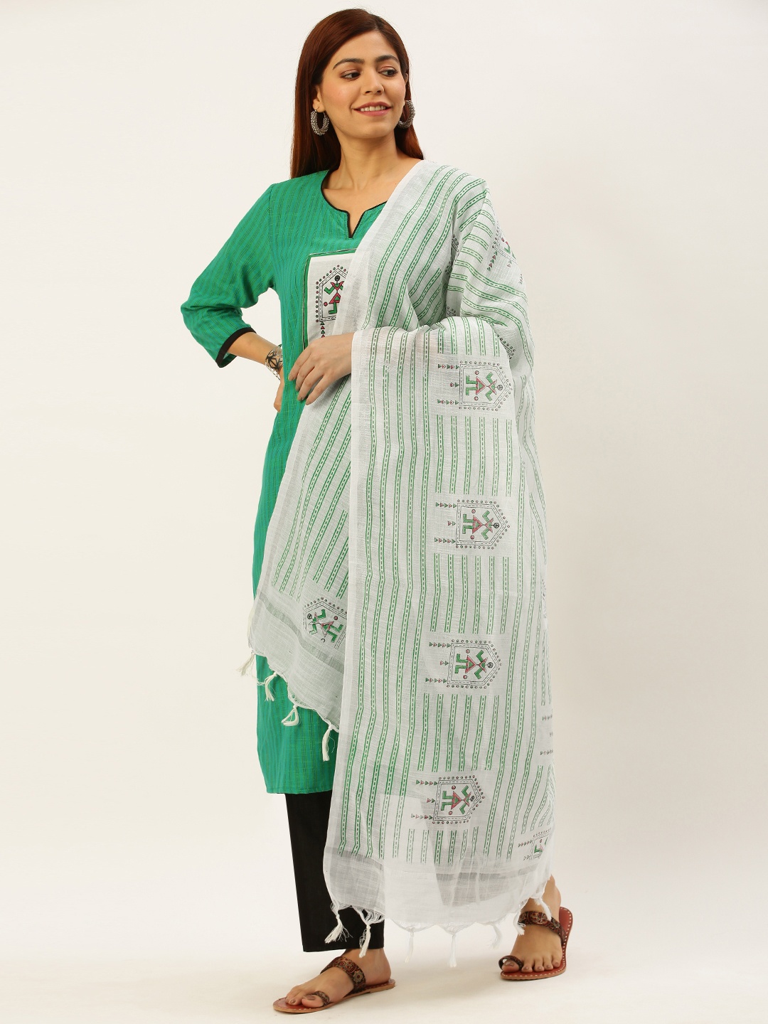 

FLAVIDO Women Green & Black Striped Handloom Kurta with Palazzos & Dupatta