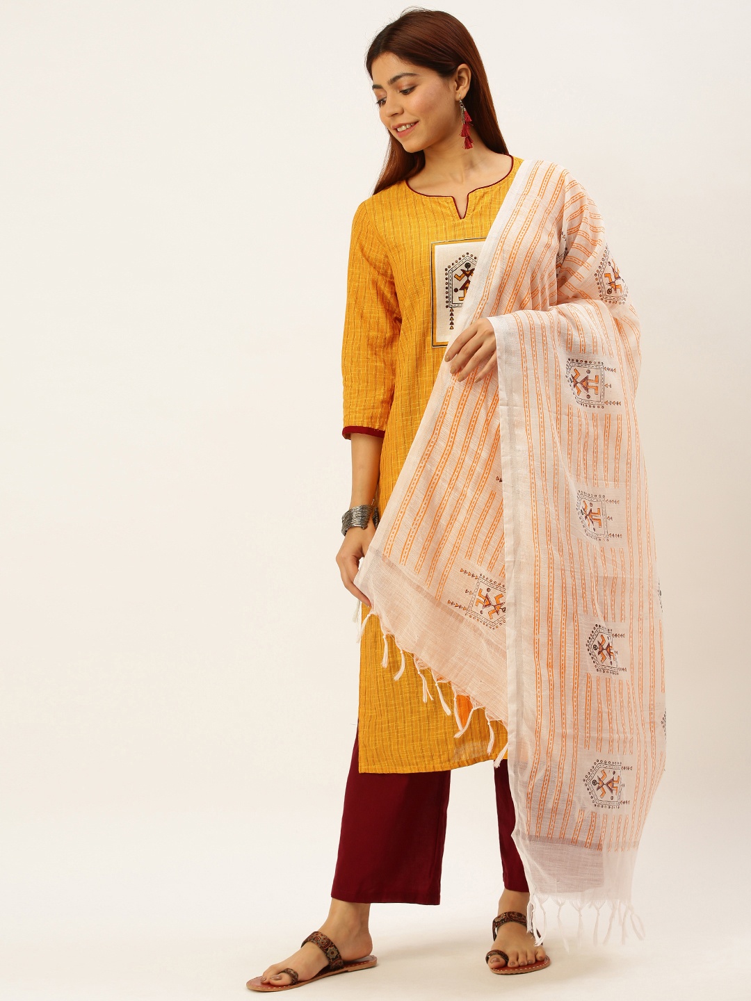 

FLAVIDO Women Mustard Yellow & Maroon Striped Handloom Kurta with Palazzos & Dupatta