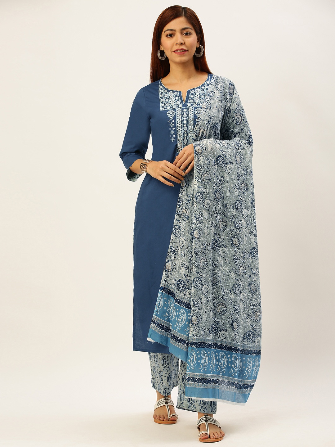 

FLAVIDO Women Navy Blue & Grey Yoke Design Kurta with Palazzos & Dupatta