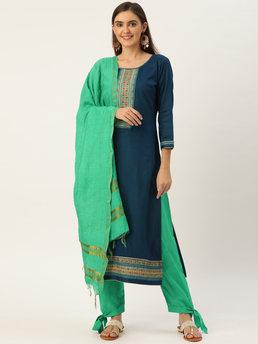 

Kvsfab Blue & Green Cotton Blend Unstitched Dress Material