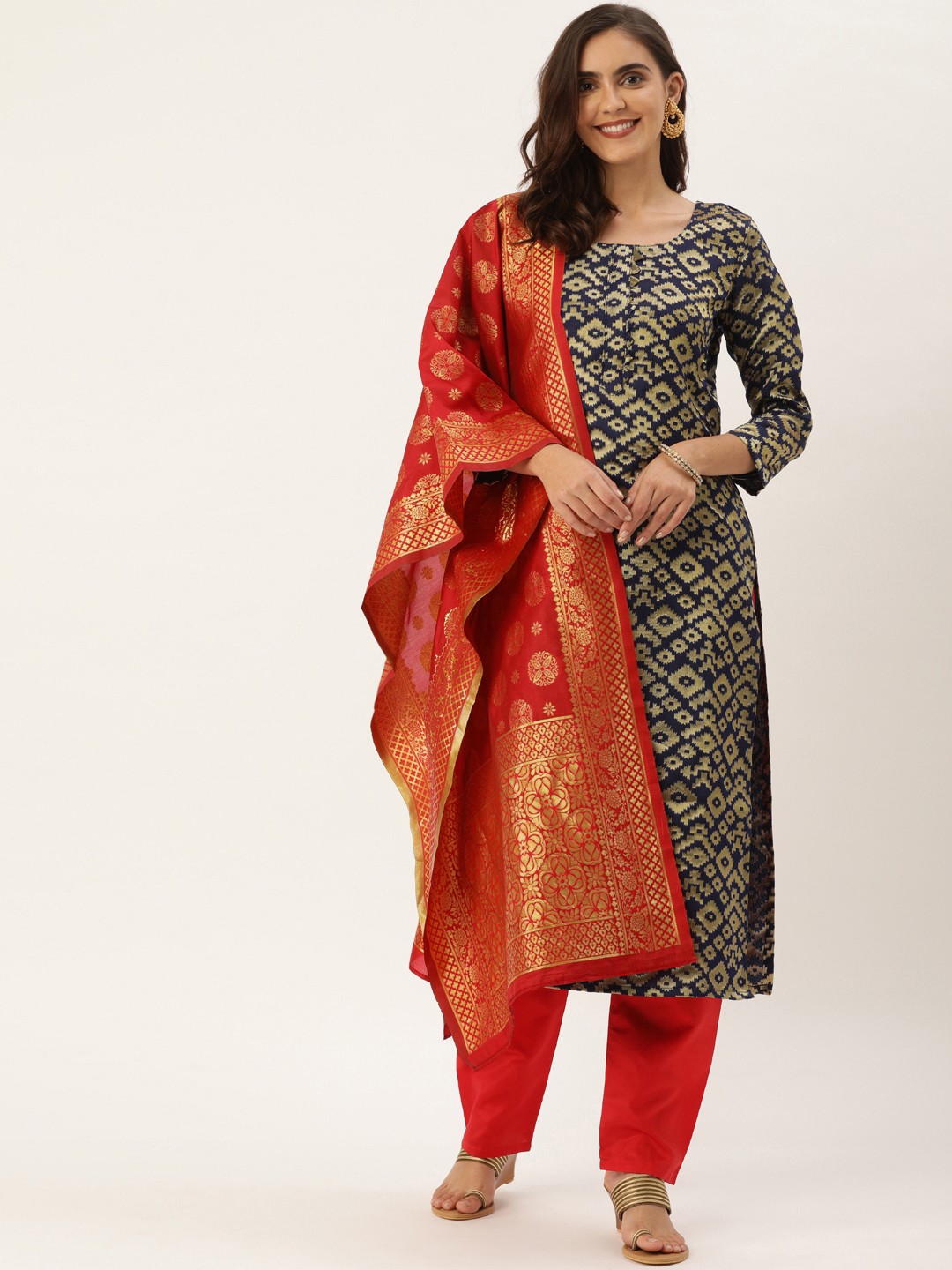 

Kvsfab Navy Blue & Red Woven Design Unstitched Dress Material