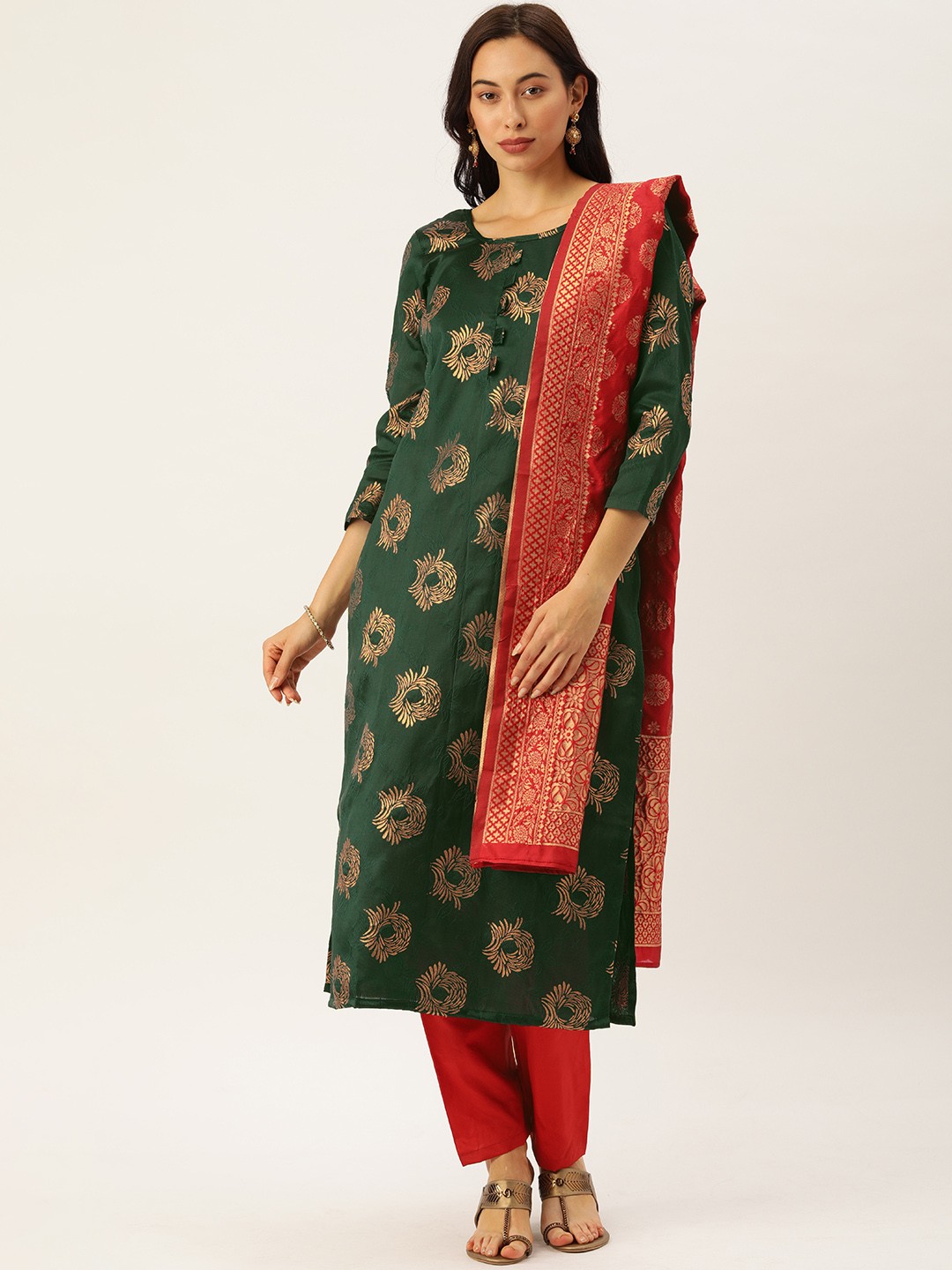

Kvsfab Green & Red Silk Crepe Unstitched Dress Material