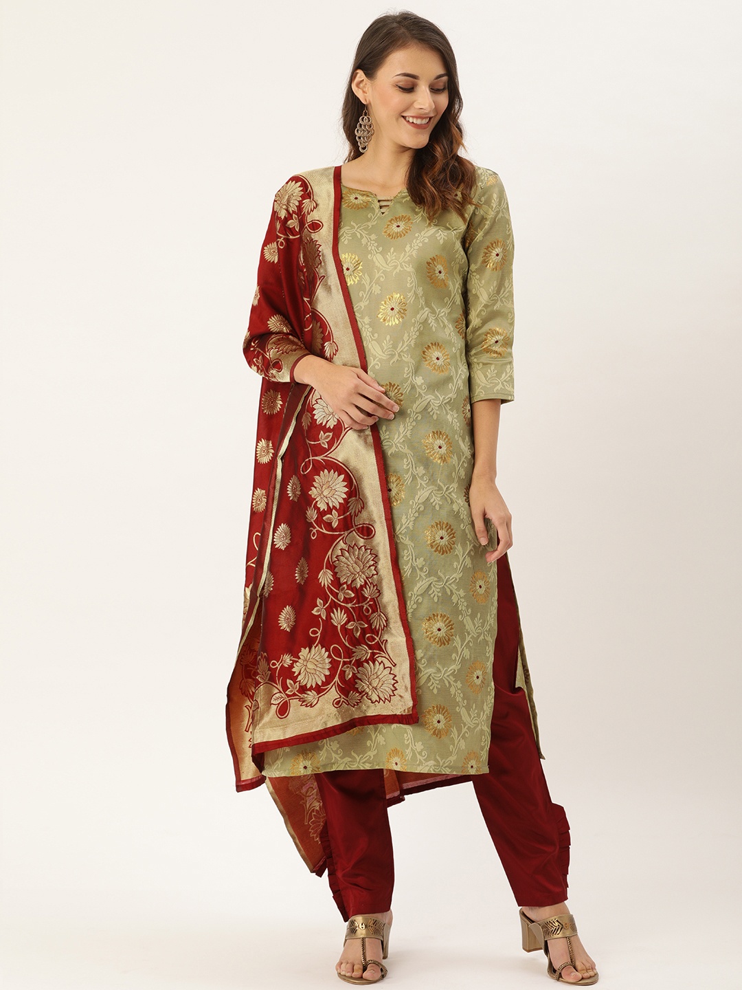 

Kvsfab Beige & Maroon Silk Crepe Unstitched Dress Material