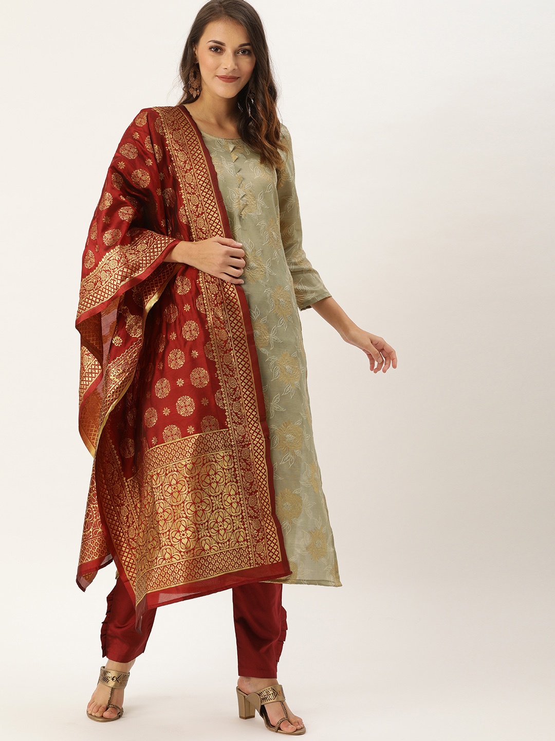 

Kvsfab Beige & Maroon Silk Crepe Unstitched Dress Material