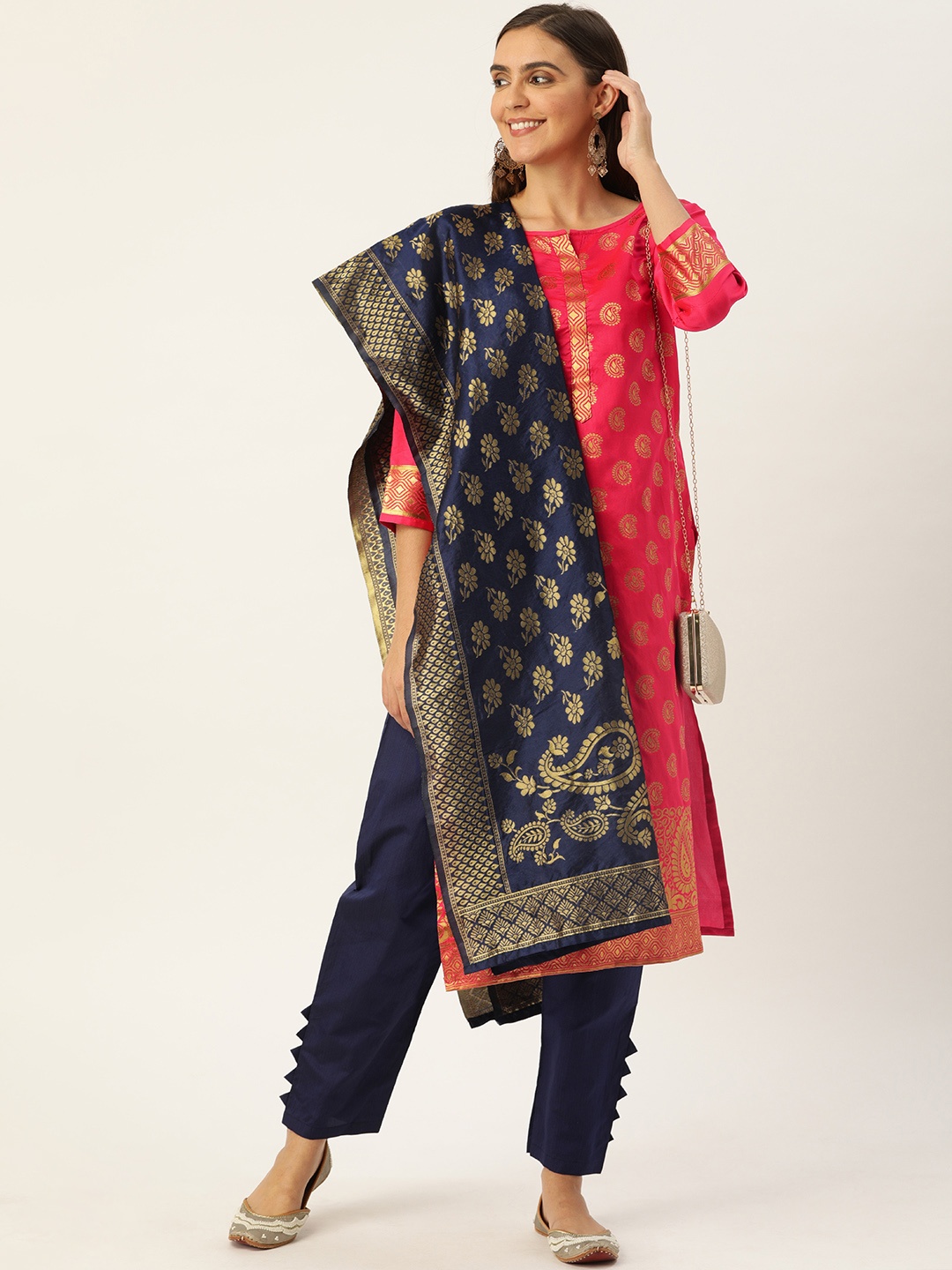 

Kvsfab Pink & Navy Blue Silk Crepe Unstitched Dress Material