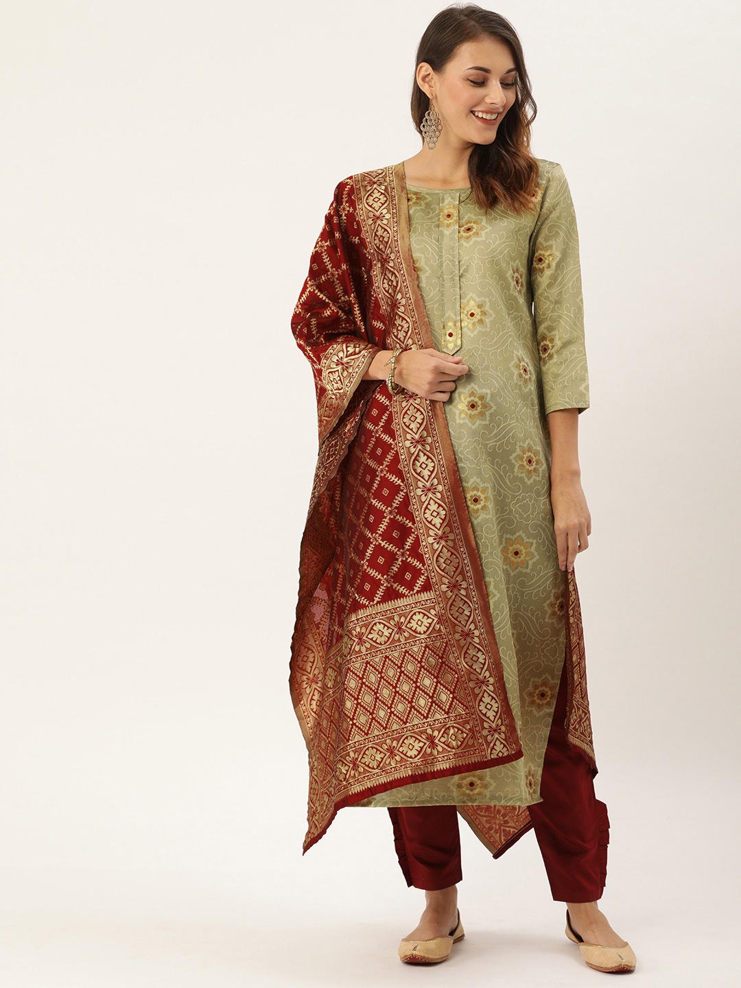 

Kvsfab Beige & Maroon Silk Crepe Unstitched Dress Material