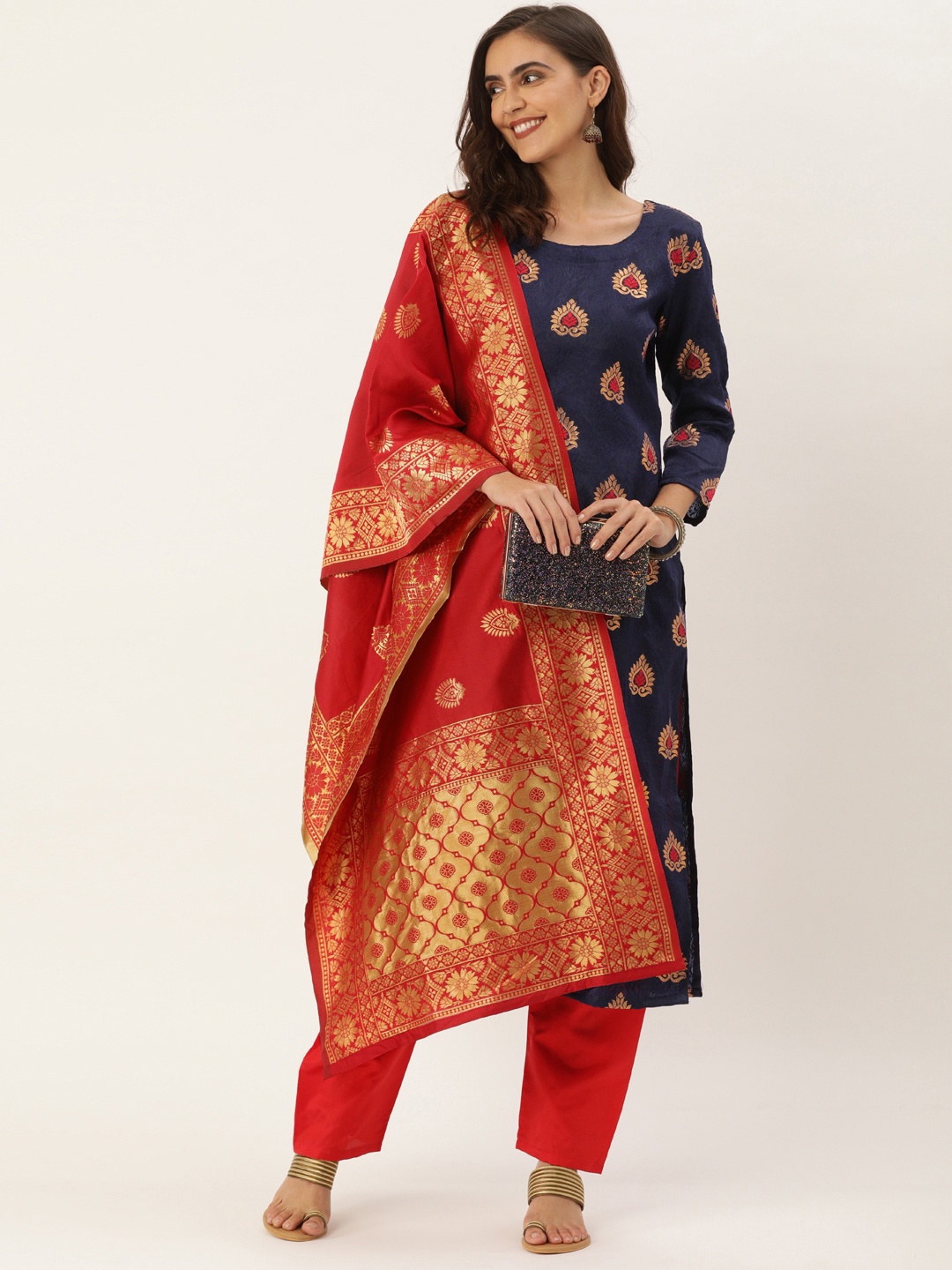 

Kvsfab Navy Blue & Red Woven Design Unstitched Dress Material
