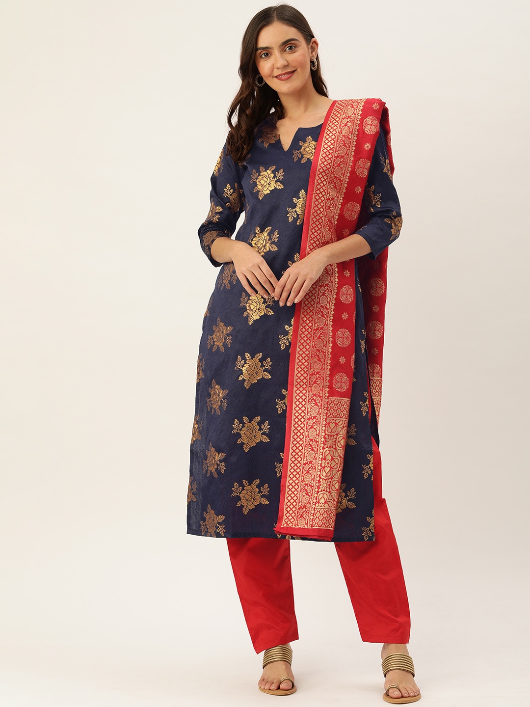 Kvsfab Navy Blue & Red Silk Crepe Unstitched Dress Material