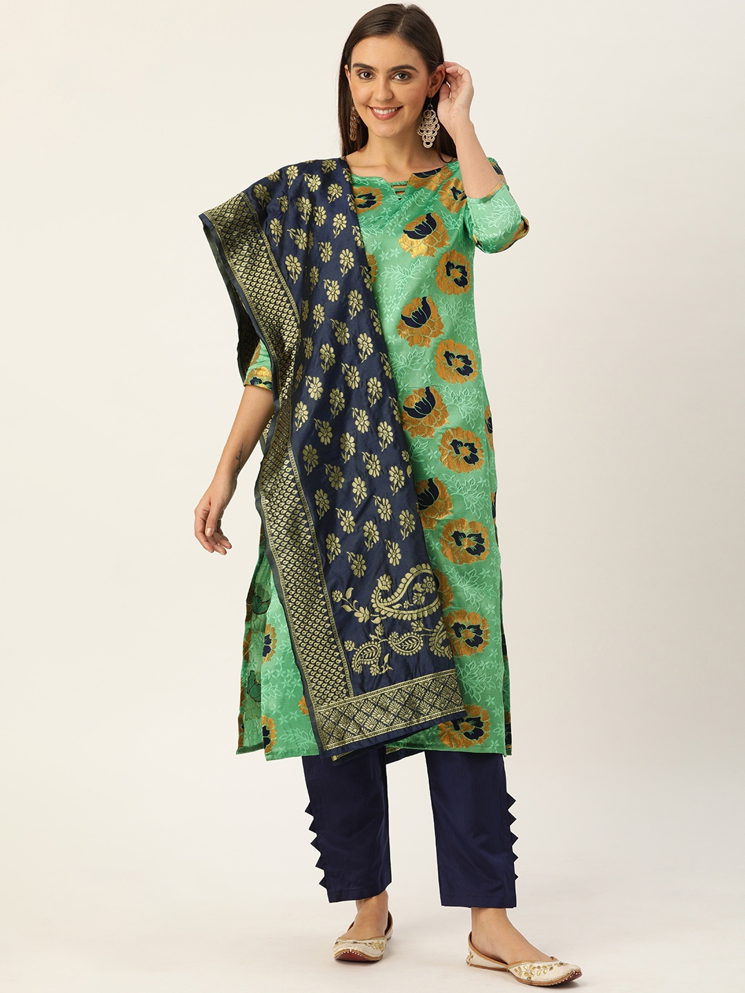 

Kvsfab Green & Navy Blue Silk Crepe Unstitched Dress Material